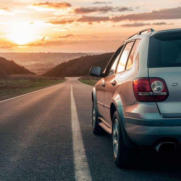 A car on the road, heading out as if going on a road trip.