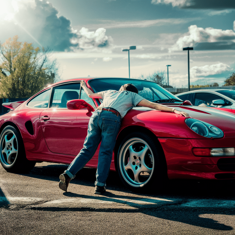 Man hugging his car