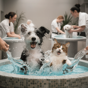 Pets in pet bath washes