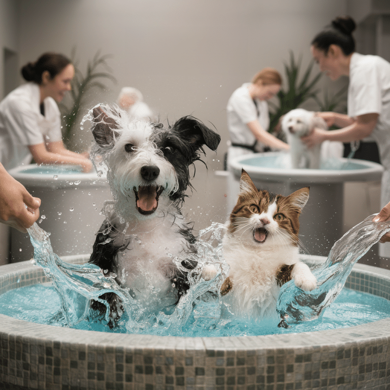 Pets in pet bath washes