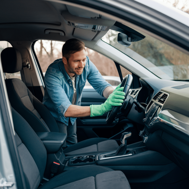 A person spring cleaning their car, wearing gloves, washing the steering wheel