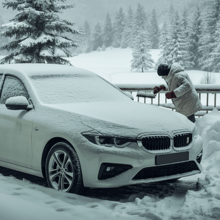 Person out in the snow taking care of their care maintenance
